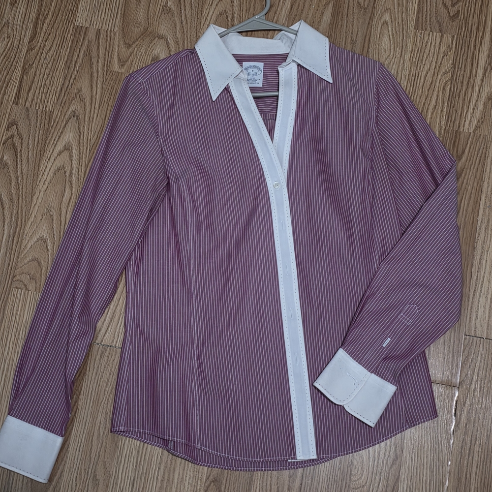 Brooks Brothers Burgundy Pinstripe Dress Shirt with White Contrast Collar